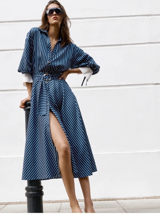 Zara Dresses & Skirts - Zara Navy and White Striped Midi Shirt Dress with Belt